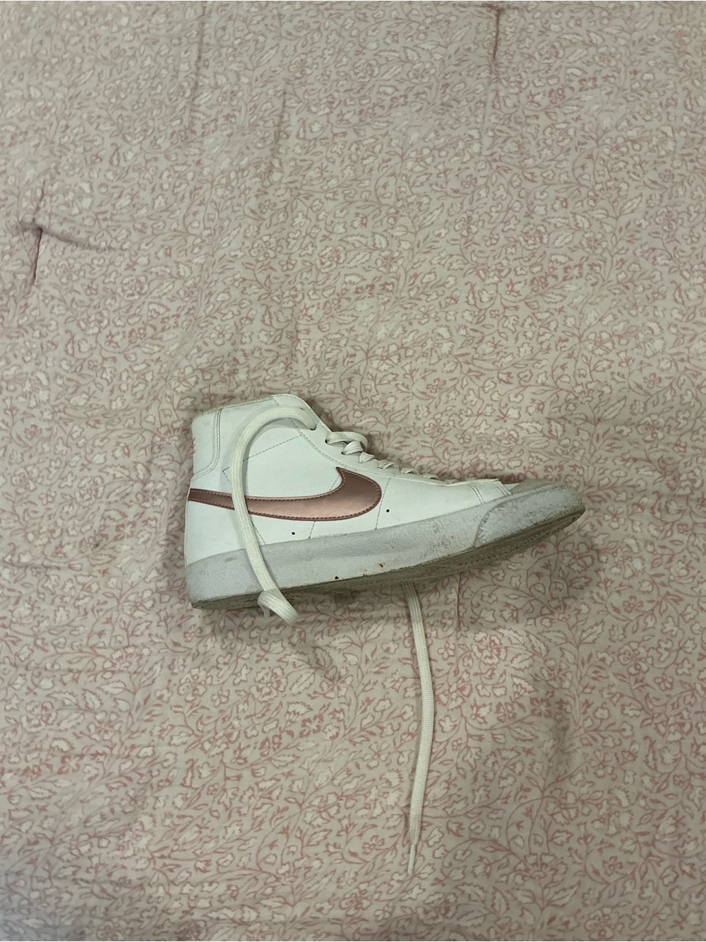 Nike White High-Top Sneaker with Metallic Rose Swoosh